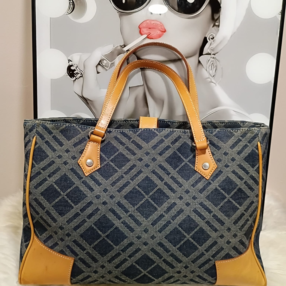 Burberry Blue and Tan Checkered Tote - Picture 5 of 6